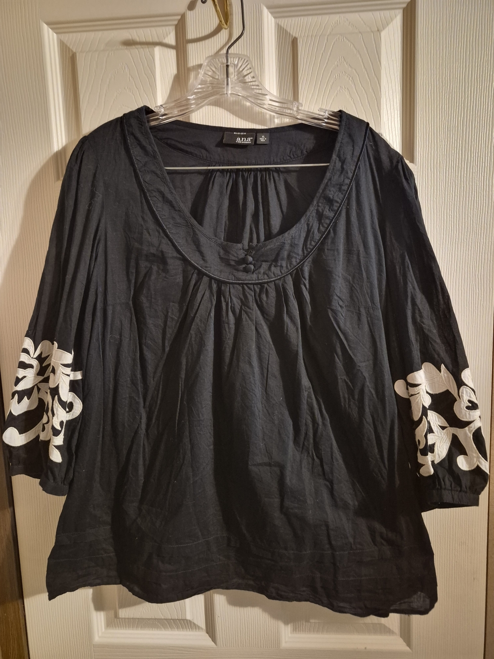 Black Embroidered Scoop-Neck Blouse with White Sleeve Detail
